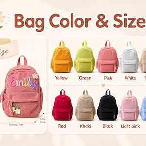 May include: A corduroy backpack with a top handle, front pocket, and side pockets. The bag measures 11.8 inches by 10.6 inches by 5.5 inches. The pink version features the name Emily and flower accents. Ten color options are shown: yellow, green, pink, white, beige, red, khaki, black, light pink, and blue.
