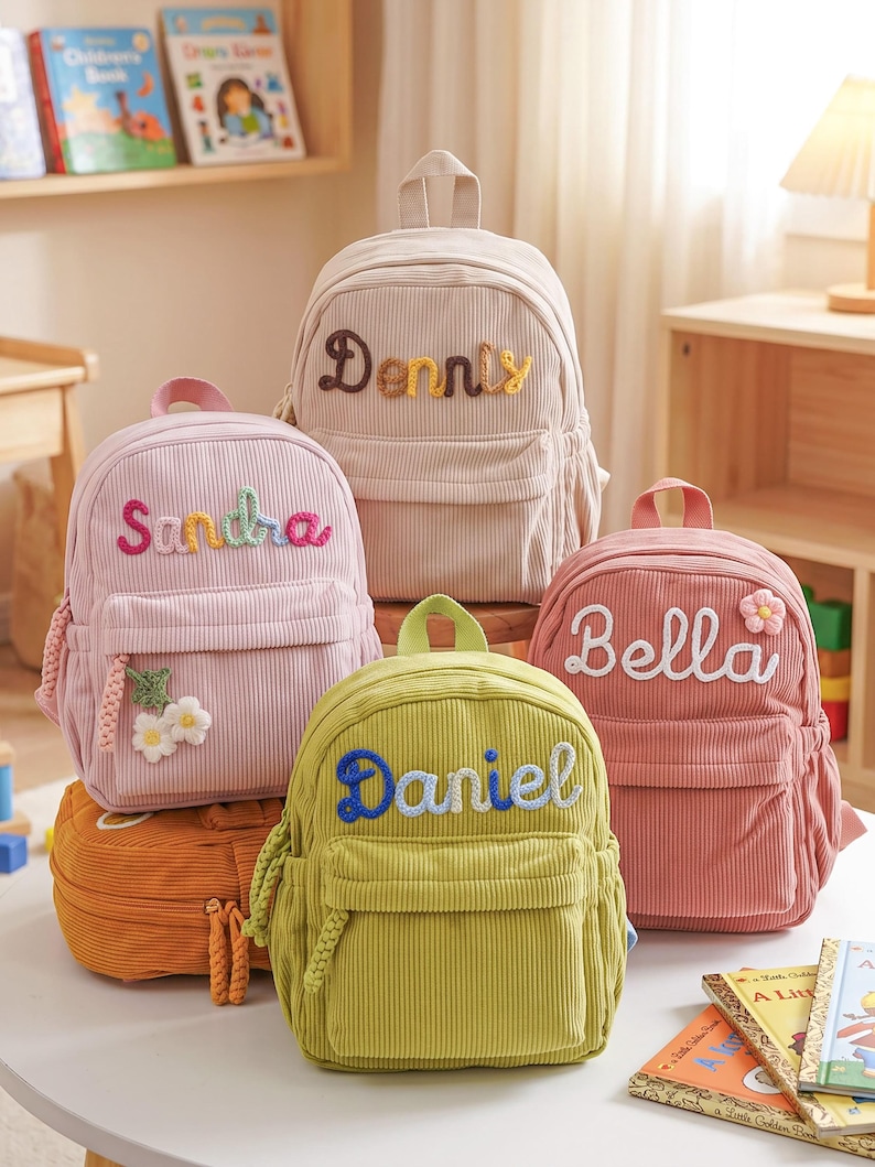 May include: Four corduroy backpacks in beige, light pink, lime green, and dusty rose. Each bag features a front pocket, a top handle, and a personalized name embroidered in colorful yarn. The pink bag has white flower accents, and the rose bag has a flower.