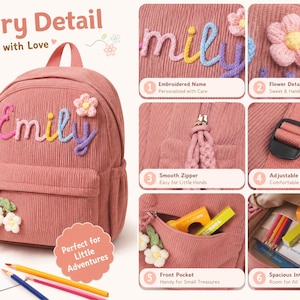 May include: A dusty pink corduroy backpack featuring the embroidered name Emily in colorful yarn, a crocheted flower appliqu&eacute;, a front zippered pocket with braided pulls, adjustable shoulder straps, and a spacious interior compartment.