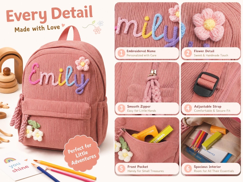 May include: A dusty pink corduroy backpack featuring the embroidered name Emily in colorful yarn, a crocheted flower appliqu&eacute;, a front zippered pocket with braided pulls, adjustable shoulder straps, and a spacious interior compartment.
