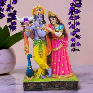 Radha Krishna Idol with Peacock | 12 Inch Hindu God Statue | Home Temple Décor | Hand-Painted Murti | Spiritual Gift for Puja & Festivals