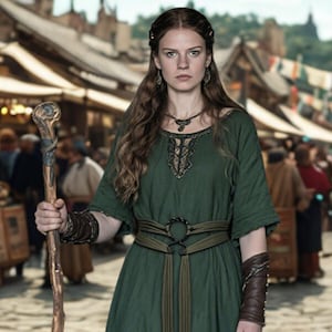 May include: A woman in a green medieval-style dress with a decorative belt and a staff. The dress has a detailed neckline and is paired with brown leather arm cuffs. The background shows a bustling marketplace.