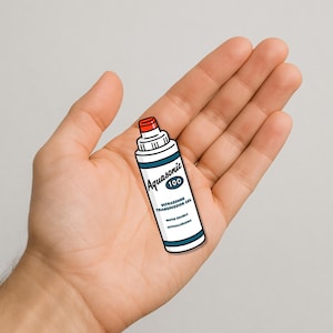 May include: A cartoon-style illustration of a bottle of Aquasonic 100 ultrasound transmission gel. The bottle is white with blue and red accents, and the text "Aquasonic 100" is prominently displayed. Additional text includes "Ultrasound Transmission Gel", "Water Soluble", and "Hypoallergenic".