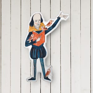 May include: A whimsical illustration of William Shakespeare holding a red book and surrounded by small birds. The illustration is in a cartoon style with bright colors and bold lines.