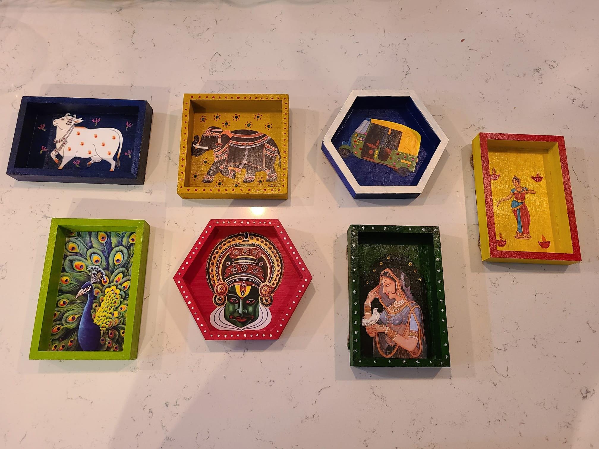 Indian wall decor shadow boxes, hexagon, square, rectangular shadow boxes, Diwali gift, housewarming, golu decor, pichwai cow decor.