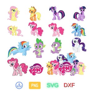 May include: A collection of colorful My Little Pony cartoon character graphics. The image features various ponies in different poses, along with a dragon character and the My Little Pony logo. The ponies are in shades of pink, yellow, purple, and blue.