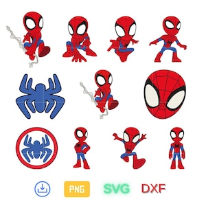 Puede incluir: Una colección de gráficos de dibujos animados de Spider-Man en varias poses, con el personaje en su traje rojo y azul característico. Incluye un emblema de araña azul, un emblema circular y las palabras "PNG", "SVG" y "DXF".