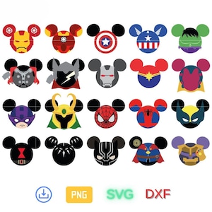 Op de afbeelding: Een verzameling kleurrijke cartoon-stijl karakterontwerpen, elk met de iconische Mickey Mouse oren. De ontwerpen omvatten verschillende superhelden, zoals Iron Man, Captain America en Spider-Man, in een speelse en herkenbare stijl.