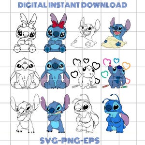 May include: Digital download featuring various cartoon character illustrations in blue and black, with the text "DIGITAL INSTANT DOWNLOAD" and "SVG-PNG-EPS". The images include different poses and expressions.
