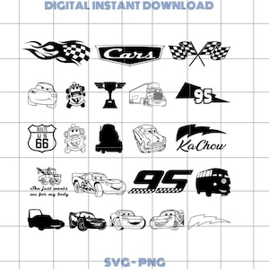 May include: A collection of black and white digital illustrations featuring characters and logos from the animated movie "Cars." Includes images of race cars, the Route 66 sign, and the text "KaChow."