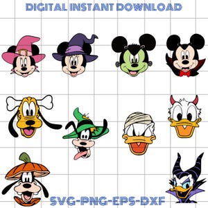 May include: Digital download featuring Halloween-themed character faces. Includes Mickey and Minnie Mouse in witch hats, Frankenstein's monster, Dracula, Pluto, Goofy, Donald Duck as a mummy and devil, and Maleficent. Text reads "DIGITAL INSTANT DOWNLOAD" and "SVG-PNG-EPS-DXF".