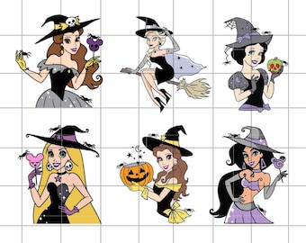 Horror Princess Svg Bundle, Ariel Halloween Png Bundle, Belle Pumpkin Clipart, Witches Trick Or Treat, Svg For Cricut