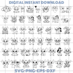 Puede incluir: Una descarga digital con m&uacute;ltiples ilustraciones en blanco y negro del personaje Stitch en varias poses y escenarios. Se muestra el texto "DIGITAL INSTANT DOWNLOAD" y "SVG-PNG-EPS-DXF".