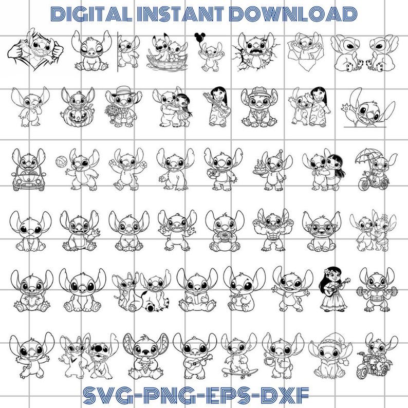 Puede incluir: Una descarga digital con m&uacute;ltiples ilustraciones en blanco y negro del personaje Stitch en varias poses y escenarios. Se muestra el texto "DIGITAL INSTANT DOWNLOAD" y "SVG-PNG-EPS-DXF".