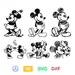 Puede incluir: Dibujos lineales en blanco y negro con seis ilustraciones diferentes de Mickey y Minnie Mouse. Las imágenes incluyen poses de cuerpo completo y primeros planos de los icónicos personajes de dibujos animados. Las imágenes están en un estilo de boceto.