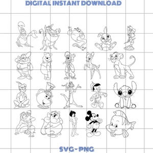 Puede incluir: Dibujos lineales en blanco y negro de varios personajes de dibujos animados, incluyendo un cangrejo, un jabalí, un genio, un conejo, un hada, un enano, Winnie the Pooh, un ciervo, un cachorro de león, Peter Pan, un hipopótamo, un suricato, Pinocho, Stitch, Ariel, un hipopótamo, un niño, Mickey Mouse y un pez. El texto dice "DESCARGA DIGITAL INSTANTÁNEA" y "SVG-PNG".