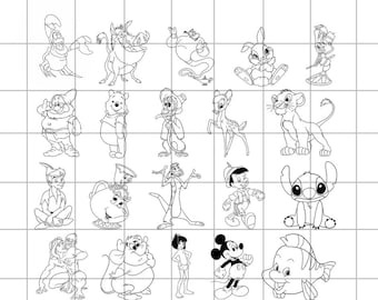 Paquete de SVG de personajes de películas de dibujos animados, paquete de PNG de ratón, clipart de contorno de puntada, silueta de personajes de Disney en SVG, SVG para Cricut