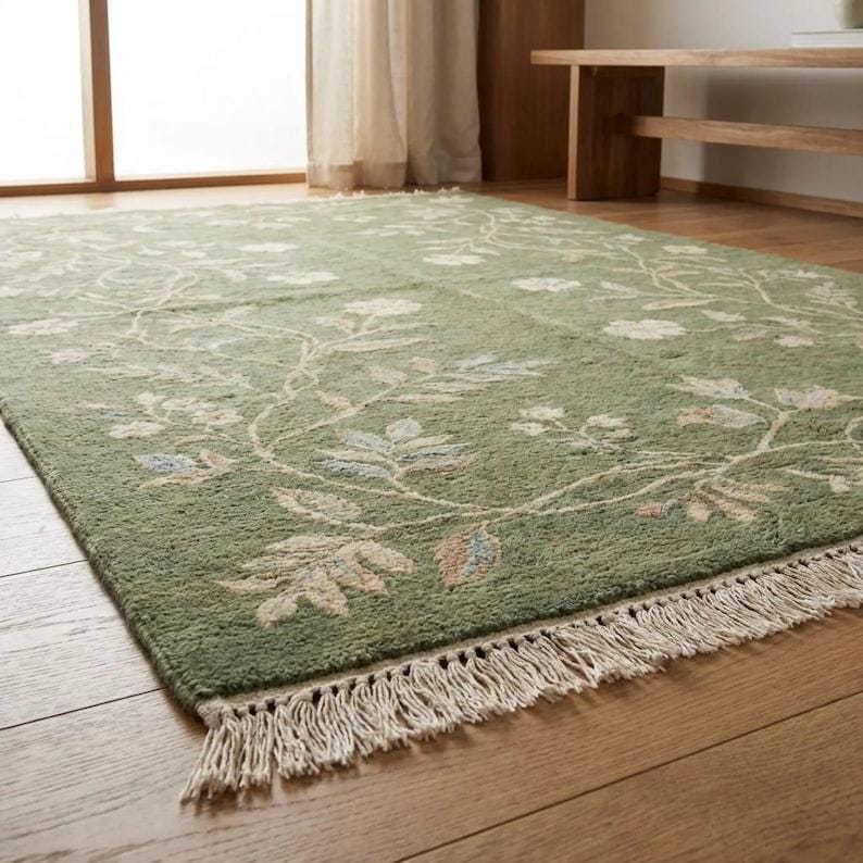 Sage Muted Rug Hand Knotted Green Floral Rug, Vintage Turkish Wool Carpet, Botanical ...