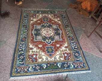 Handmade Wool Oushak Rug, Vintage Turkish Serapi Heriz Design