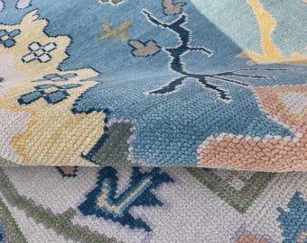 Tappeto Oushak in lana annodato a mano, stile vintage floreale blu