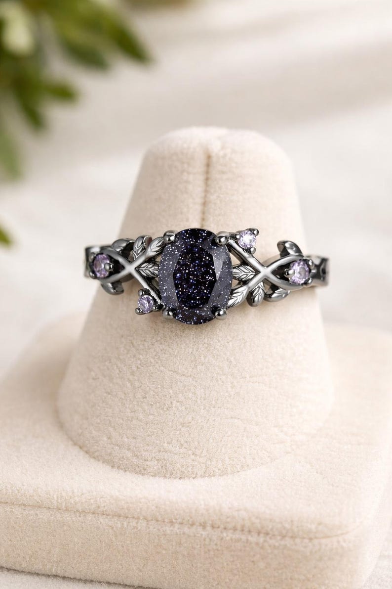 Onyx storm fantasy sparkly black and violet stone sandstone statement ring image 4
