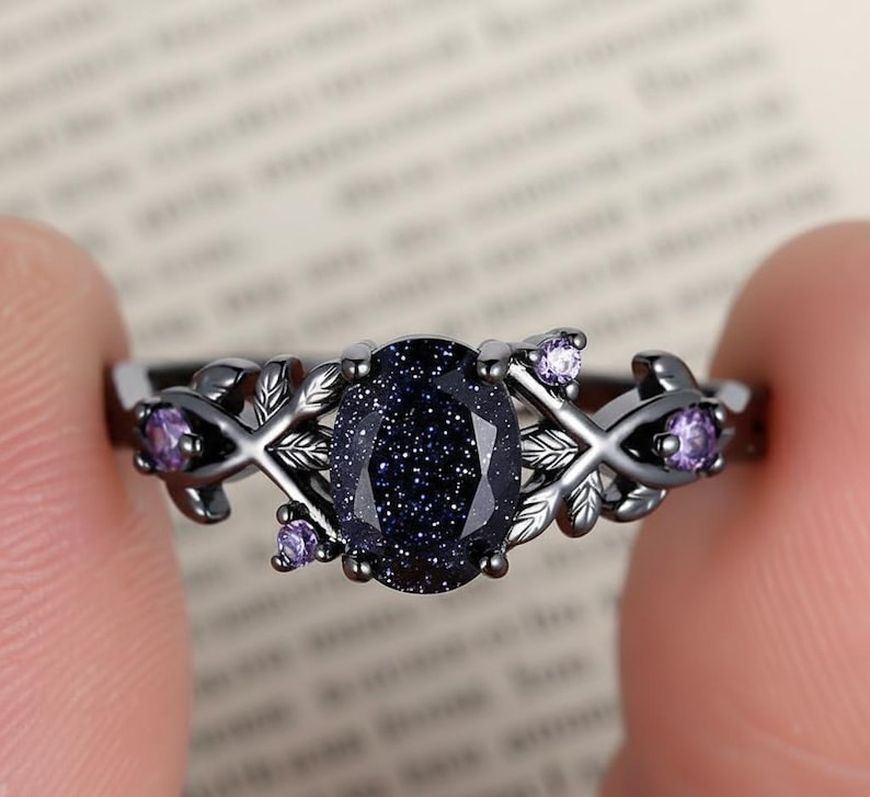 Onyx storm fantasy sparkly black and violet stone sandstone statement ring image 5