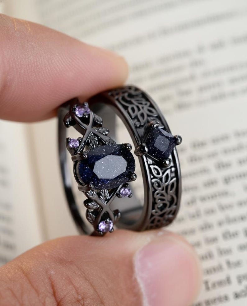 Onyx storm fantasy sparkly black and violet stone sandstone statement ring image 7