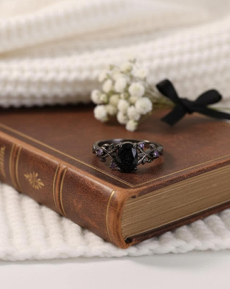 Onyx storm fantasy sparkly black and violet stone sandstone statement ring image 6