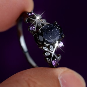 Onyx storm fantasy sparkly black and violet stone sandstone statement ring image 3