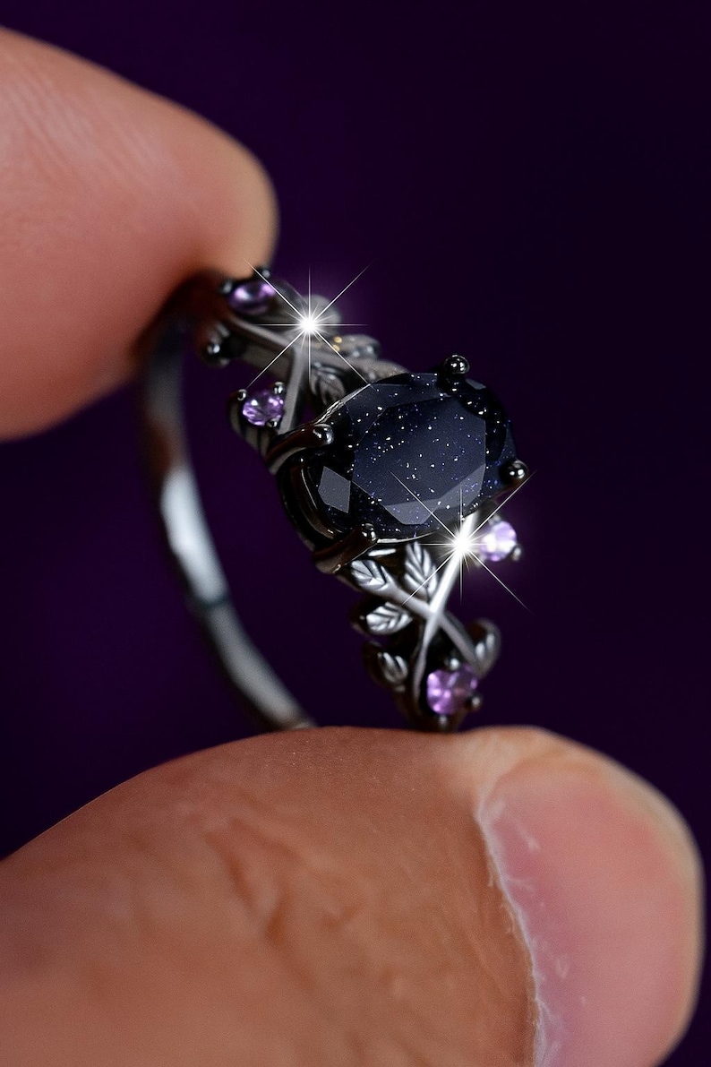 Onyx storm fantasy sparkly black and violet stone sandstone statement ring image 3