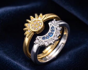 Day Night Celestial Ring Set: Sun Moon Adjustable Band Jewelry
