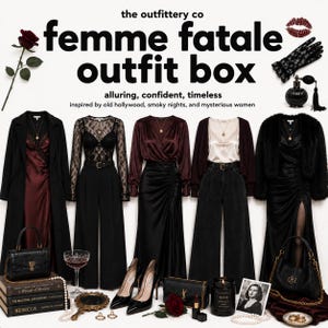 May include: Femme Fatale Outfit Box display. The image features five complete outfits in black and burgundy, with accessories like purses, shoes, and jewelry. The text reads "alluring, confident, timeless."