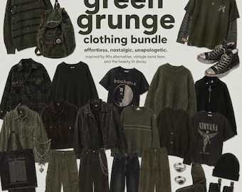 以下が含まれることがあります： 緑色のグランジファッションのコレクション。セーター、ジャケット、パンツ、Tシャツなど。バックパック、トートバッグ、指輪や帽子などのアクセサリーも写っています。「green grunge clothing bundle」と「effortless, nostalgic, unapologetic」の文字。