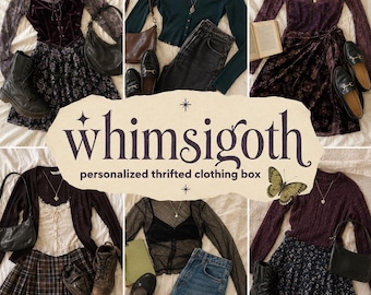 Puede incluir: Un collage de seis conjuntos con tops de encaje de manga larga, camisolas de terciopelo, faldas plisadas, vaqueros, botas de cuero y bolsos. El texto central dice whimsigoth personalized thrifted clothing box con una ilustración de mariposa.