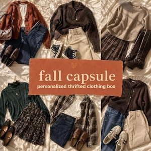 May include: A collection of fall clothing outfits featuring various sweaters, cardigans, plaid skirts, denim jeans, corduroy pants, loafers, sneakers, and boots. A central orange graphic overlay displays the text fall capsule personalized thrifted clothing box.