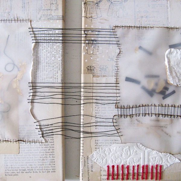 mixed media stitched diptych.  white abstract collage.  map of her bones.