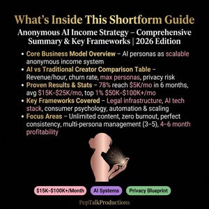May include: Black graphic with text: "What's Inside This Shortform Guide" and details on an AI income strategy. Includes a silhouette of a person holding a phone, and colored boxes with text.