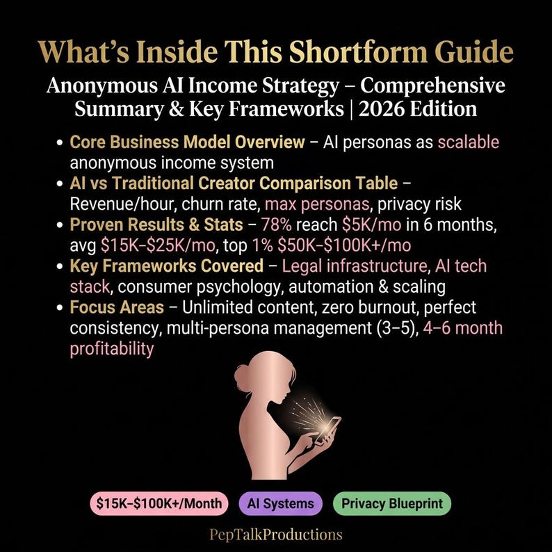 May include: Black graphic with text: "What's Inside This Shortform Guide" and details on an AI income strategy. Includes a silhouette of a person holding a phone, and colored boxes with text.