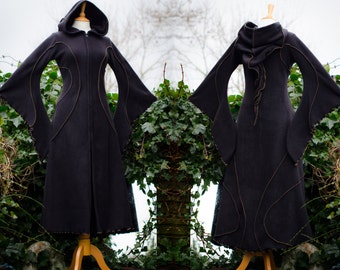 Haunted Hawtin Coat ~ black coat, long black coat, medieval coat, fairy tale wear, goth black coat, big hood coat, plus size, technodolly