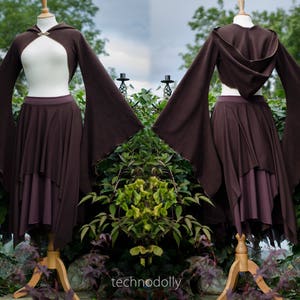 Brown Fleece Bolero Shrug: Medieval Hooded Top, Bell Sleeves