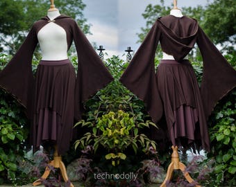 Volanthrophy Bolero ~ brown bolero, brown shrug, brown top, long sleeve bolero, medieval bolero, large hood, fleece bolero, technodolly