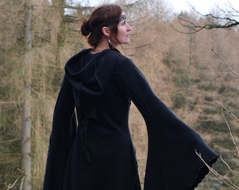 Long black coat, black coat, fleece coat, floor length coat, haunted hawtin coat, winter coat, strega witch coat, modern witch, technodolly
