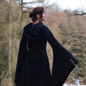 Black Fleece Hooded Coat: Medieval Flared Sleeves, Modern Witch - Etsy