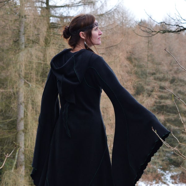 Long black coat, black coat, fleece coat, floor length coat, haunted hawtin coat, winter coat, strega witch coat, modern witch, technodolly