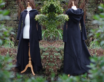 Klaar voor verzending ~ Indigo Moon Coat ~ zwarte vloerlengte wintermantel heidense heksen heks wicca kleding fleece jas lange zwarte technodolly