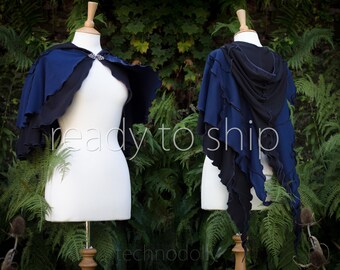 Catocala Moth Cape ~ Hip length layered black and midnight blue cotton jersey cloak with platinum clasp anime halloween cosplay