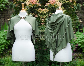 Olive Luna Hooded Capelet: Ready to Ship, Size Medium, Green Cotton Witch Cape, Cosplay Cloak, Hand Made in the UK