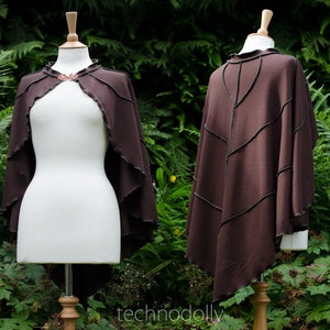 Camiluna Capelet: Dark Brown Cotton Jersey Druid Cape with Ivy Green Detail