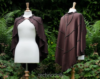 Camiluna Capelet: Dark Brown Cotton Jersey Druid Cape with Ivy Green Detail