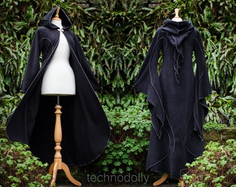 Floor Length Haunted Hawtin Cloak, long black coat, gothic coat, floor length black coat, long coat, fleece coat, witches coat, technodolly